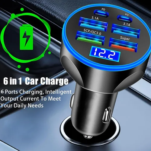 Miniatura 14 de Adaptador De Carga Súper Rápida USB C Para Coche Y Teléfono 6 En 1 Con Pantalla De Voltaje 250W Carga USB De Encendedor De Cigarrillos De Múltiples