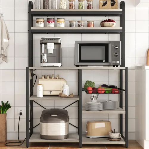 Miniatura 9 de GAOMON Estante para panaderos con toma de corriente, estante de cocina con cesta de alambre, soporte para microondas con grandes estantes