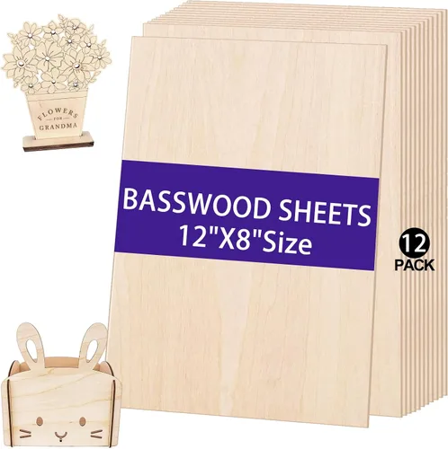 Paquete de 12 hojas de tilo de 12 x 8 x 1/8 pulgadas, madera de tilo de 0.118 in para corte láser, hojas finas de madera contrachapada sin terminar