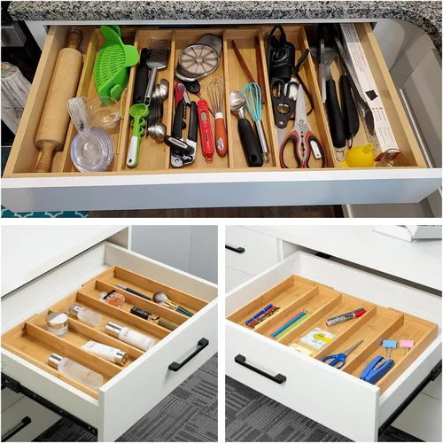 Miniatura 9 de Organizador de cajones de cocina expandible de bambú, 13 a 23 pulgadas, bandeja ajustable para utensilios y cubiertos, organizador de cajones