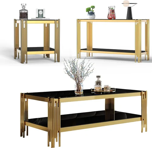 Miniatura 33 de Mesa auxiliar rectangular de vidrio de 48 pulgadas, mesa de centro de 2 niveles con parte superior de vidrio templado negro, patas de acero
