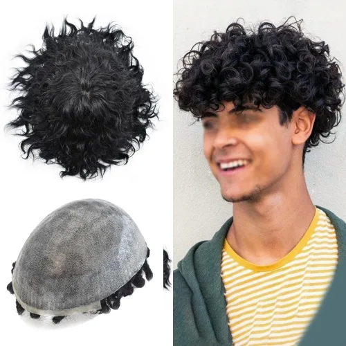 Miniatura 10 de Afro Toupee Para Hombres Negros Unidad De Cabello Humano Para Hombres Negros Pieza De Pelo PU Ingección Afro Mens Toupee 10MM #1B Off Negro