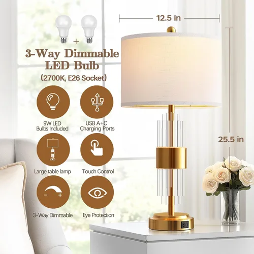 Miniatura 5 de QiMH Juego de 2 lámparas de mesa doradas para dormitorio, con luz nocturna, moderna lámpara de noche con 2 puertos de carga USB A+C, lámpara