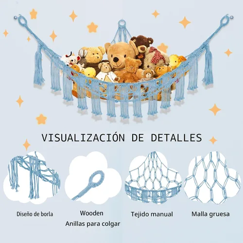 Miniatura 6 de CERETIA Hamaca de animales de peluche con luz LED, red grande de almacenamiento en esquina de animales de peluche para decoración de habitación