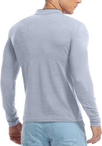 Miniatura 5 de KUYIGO Camisas de manga larga estilo polo para hombre, estilo informal, cuello mandarín, ajustadas, de algodón