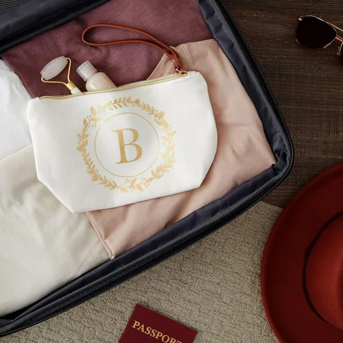 Miniatura 2 de Bolsa de maquillaje personalizada con inicial dorada para mujer, bolsa de cosméticos de lona con monograma, color blanco, Blanco, Dorado, B