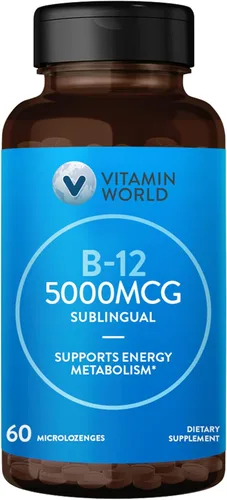 Vitamin World Vitamina B-12 5000 mcg. Sublingual 60 micropastillas, apoya el metabolismo energético, apoya la salud del corazón
