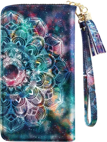 Miniatura 7 de Carteras para mujer, de piel sintética, tarjetero organizador con borla y correa de muñeca, Mándala, Casual