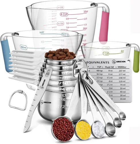 AIKEXIN Juego de 20 tazas y cucharas medidoras de acero inoxidable, cucharas medidoras de plástico para ingredientes secos y líquidos, utensilios de