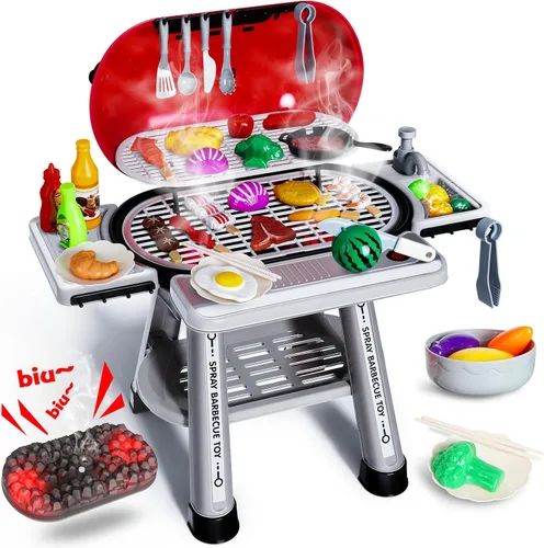 Juego de Cocina Infantil con Parrilla, Juguetes de Cocina para Niños con Parrilla BBQ con Humo, Sonido y Luz, Juego de Cocina de Barbacoa de 2