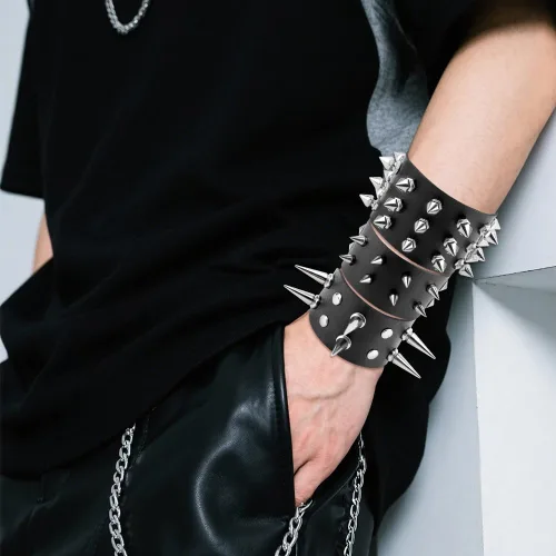 Miniatura 6 de Pulsera con tachuelas, Spike Punk Goth Punk de cuero para mujeres y hombres