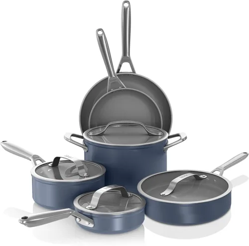 Ninja Ceramic Pro Juego de utensilios de cocina de cerámica de 10 piezas, juego de ollas y sartenes antiadherentes con tapas de vidrio, no tóxico,