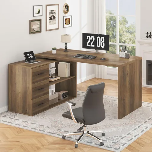 Miniatura 8 de HSH - Escritorio negro en forma de L con cajones y estantes, escritorio giratorio de 360 grados para oficina en casa, escritorio de esquina