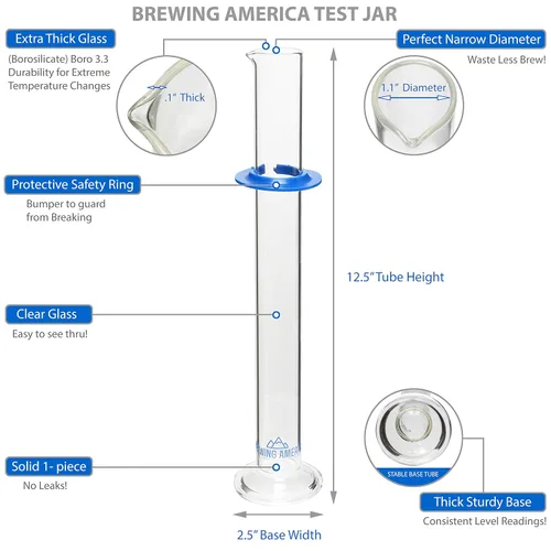 Miniatura 3 de Tarro de tubo de ensayo de hidrómetro de vidrio y cepillo cilíndrico – Frasco estrecho para alcohol por prueba de volumen – Moonshine, cerveza