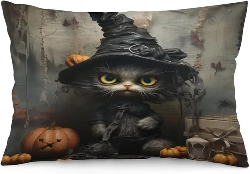 Funda de almohada con sombrero de bruja con diseño de gato de 20 x 30 pulgadas, diseño de impresión de doble cara con cremallera invisible, Patrón 8