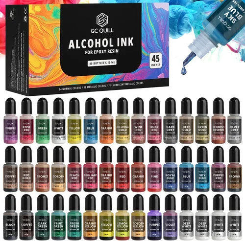 Yupo Paper GC-AK45 - Tintas de alcohol para resina, 43 colores (12 metálicos, 7 fluorescentes, 24 normales) - 45 botellas de 0.3 fl oz cada una,