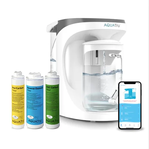 Purificador de agua de carátula inteligente AquaTru para mostrador | Sistema de ósmosis inversa de 4 etapas conectado a la aplicación con jarra de