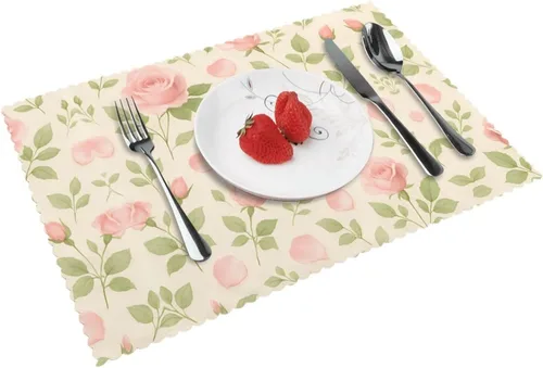 Miniatura 16 de Rectangular Placemats Set of 4, Heat Resistant Crystal Giant Flower Printed Kitchen Dining Table Mats