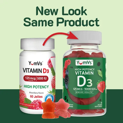 Miniatura 8 de YUM-V'S Gomitas de vitamina D3 de 5000 UI 125mcg D3 - Apoya el apoyo inmunológico, fuerte salud ósea, sin OMG, sin gluten, sin lácteos, gomitas