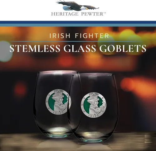 Miniatura 2 de Heritage Pewter Irish Fighter - Copas de vidrio sin tallo, juego de 2, copas de vino de copa de 15 onzas, vidrio de peltre elaborado por expertos