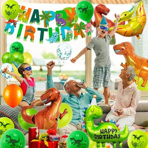 Miniatura 5 de Suministros para fiesta de cumpleaños de dinosaurios, decoraciones de fiesta de dinosaurios con globos, pancarta, decoración para pasteles