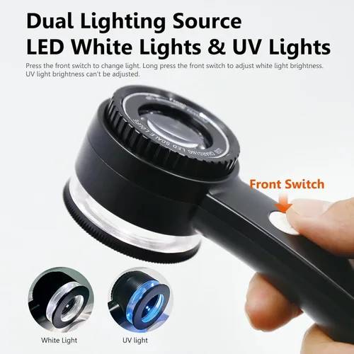 Miniatura 2 de Lupa de mano para joyería, 10 unidades, recargable por USB, con luces LED y UV y superluces tricolor, lentes de vidrio K9 de 1.181 in, lupa
