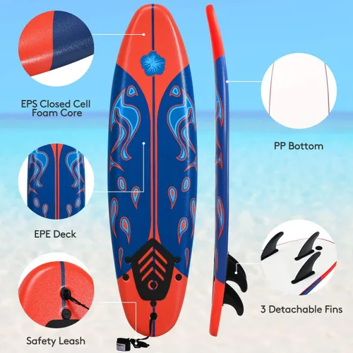 Miniatura 3 de Giantex 6' Surfboard Surfing Surf Beach Ocean Body Foamier Board with Removable Fins, Great Beginner Board for Kids, Youth and Children