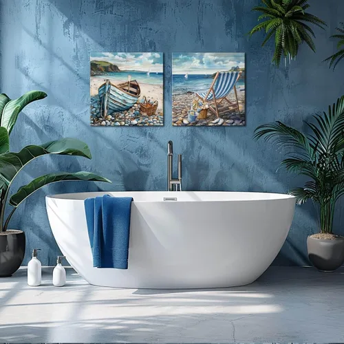 Miniatura 5 de Decoración de baño, arte de pared de playa, tema oceánico, imagen azul, impresión en lienzo, obra de arte costera moderna, enmarcada para colgar