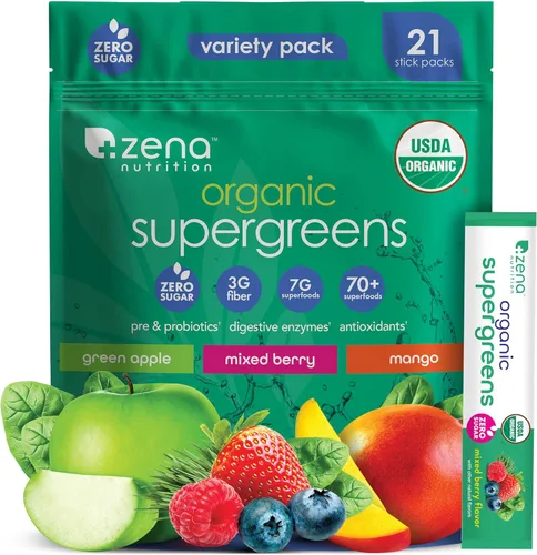 Zena Nutrition Paquete variado de polvo orgánico Super Greens, más de 70 superalimentos, 0 azúcar, 3G de fibra, espirulina, clorella, antioxidantes,