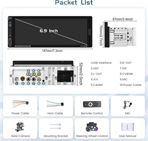 Miniatura 8 de Radio de coche de un solo DIN estéreo con Apple Carplay Android Auto, pantalla táctil HD de 6.9 pulgadas, receptor Bluetooth, enlace de espejo