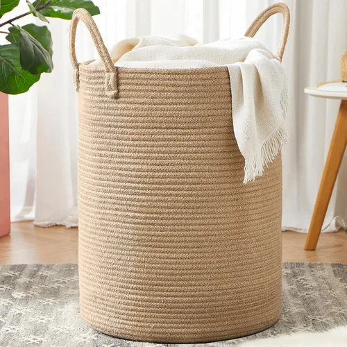 Miniatura 11 de 15Dx20H pulgadas Cesta de lavandería grande rosa para niños, cesta de lavandería de cuerda tejida para guardería, para habitación de niñas, Rosa1