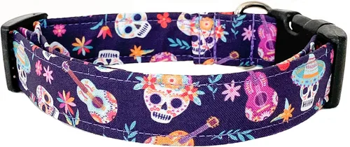 Miniatura 2 de Purple Calaveras Dog Collar with Buckle - Made in the USA - Handmade by Collars by Design (Large)