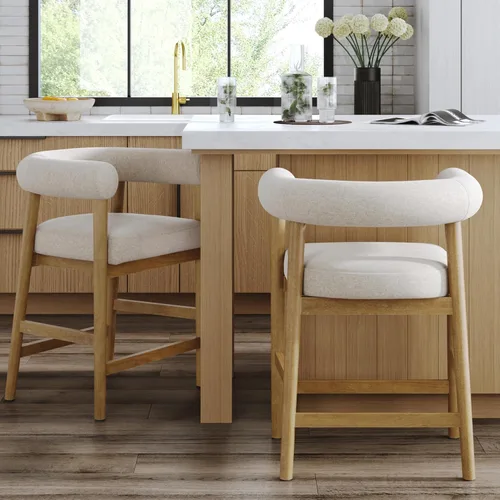 Miniatura 15 de Nathan James - Gracie - Moderno taburete alto con respaldo, silla alta tapizada con lino texturizado natural y patas de madera cepillada - Marrón
