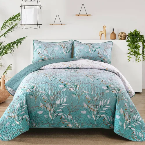 Miniatura 11 de Anibedding Juego de edredón azul tamaño King, 3 piezas reversible, elegante patrón de hojas botánicas azules, colcha de microfibra suave para toda