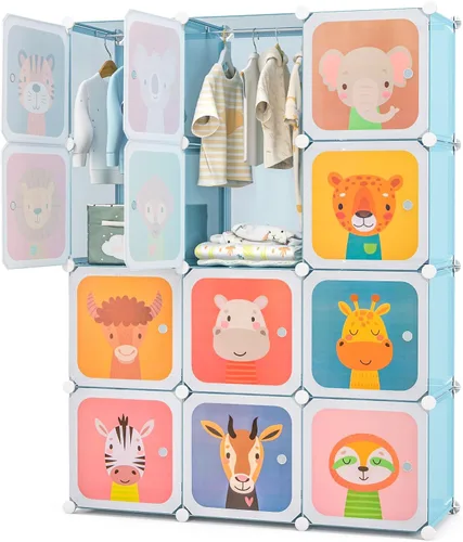 Costzon Armario para Niños, Organizador de Almacenamiento Modular de Tocador de Dibujos Animados DIY con 12 Cubos y 2 Percheros para Colgar Ropa,
