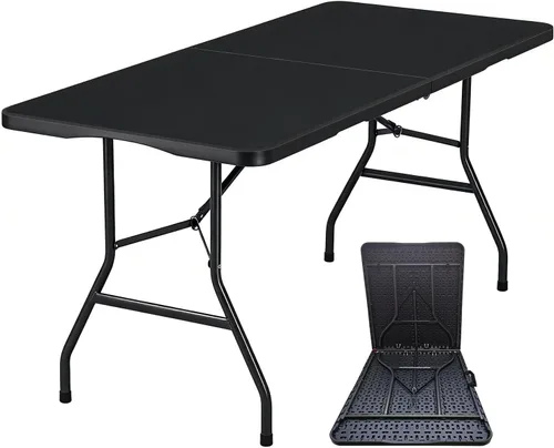 Lakhow Mesa plegable de plástico portátil resistente de 6 pies, plegable por la mitad, mesa plegable para interiores y exteriores con fiestas, Negro