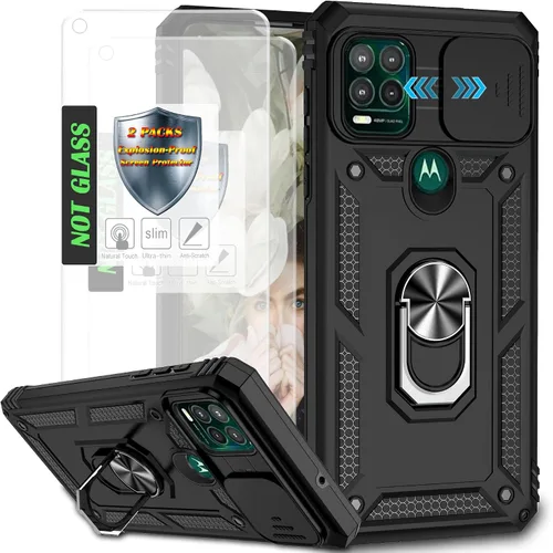 Miniatura 11 de Funda para Moto G Stylus 5G (2021) con cubierta deslizante para cámara y [2 paquetes] a prueba de explosiones, soporte de anillo giratorio de 360°