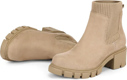 FITORY Botas Chelsea para mujer, botines de tobillo elásticos con tacón medio grueso y suela con tacos, zapatos cómodos y modernos sin cordones para