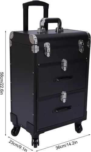 Miniatura 2 de Estuche de maquillaje con ruedas para cosméticos, carrito grande para cosméticos con cerraduras, organizador de almacenamiento de cosméticos, Negro