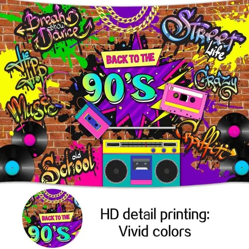 Miniatura 4 de Telón de fondo de fotografía de 7 x 5 pies de los años 90, Hip Hop Back to The 90, pared de ladrillo de graffiti, telón de fondo retro para fotos