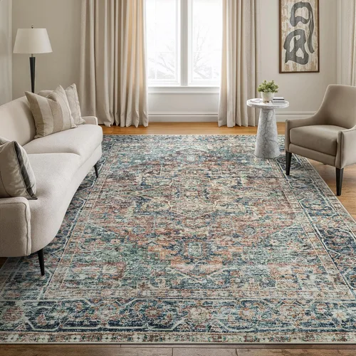 Miniatura 31 de Bloom Rugs Alfombra lavable antideslizante de 2 x 3 pies, color azul/verde/mandarina, alfombra tradicional oriental para sala de estar, dormitorio