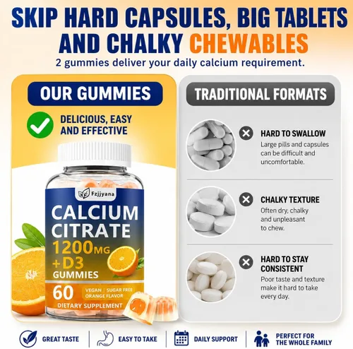 Miniatura 5 de (2 unidades) Citrato de calcio con gomitas de vitamina D3, suplemento de calcio de 1200 mg para mujeres y hombres, apoya la salud de los huesos