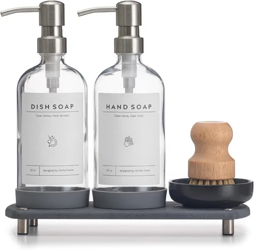 Miniatura 14 de Juego de dispensador de jabón de cocina de lujo - Botella de vidrio blanco de 16 onzas, bomba de acero inoxidable, bandeja de secado instantáneo