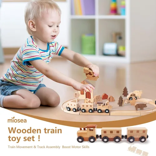 Miniatura 6 de Juego de tren de madera Montessori juguetes para niños fomentan el juego imaginativo y las habilidades motoras finas, pistas de tren de doble cara