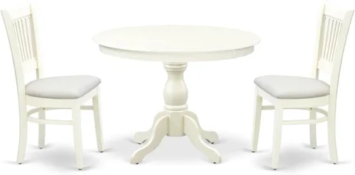 East West Furniture El juego de 3 piezas Hartland contiene una mesa redonda de comedor con pedestal y 2 sillas tapizadas de tela de lino, 42 x 42
