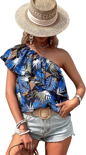 WDIRARA Blusa sin mangas con estampado tropical de un hombro y volantes para mujer