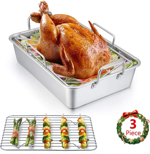 E-far Asador de pavo de acero inoxidable de 14 x 10.6 pulgadas, con estante en V y estante para hornear, pequeña sartén profunda resistente para