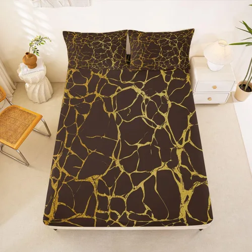 Miniatura 18 de Erosebridal Sábana bajera ajustable de mármol metálico dorado, tamaño individual, sábanas de cama con purpurina dorada negra, diseño de textura