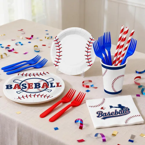 Miniatura 5 de Xynic Juego de vajilla de 202 piezas de decoración de cumpleaños de béisbol para 25 invitados, decoraciones de fiesta de béisbol incluyen pancarta