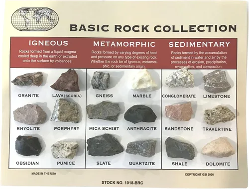 Colección de rocas y carta de identificación - 18 rocas - ígneas, metamórficas, sedimentarias - desde DINOSAURS ROCK